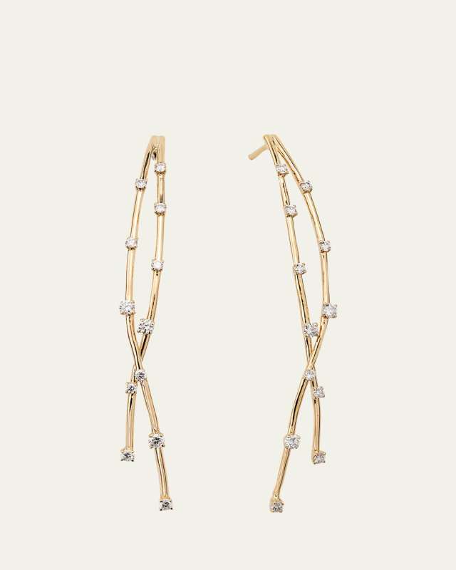 14K Yellow Gold Curved Crossover Solo Linear Diamond Earrings