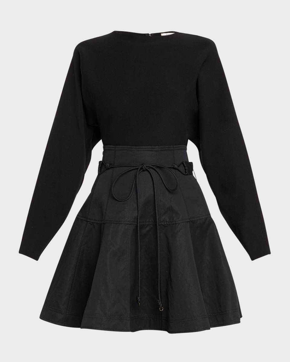 Aremi Long-Sleeve Flared Combo Mini Dress