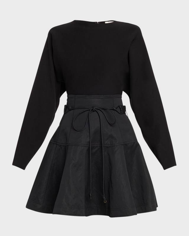 Aremi Long-Sleeve Flared Combo Mini Dress
