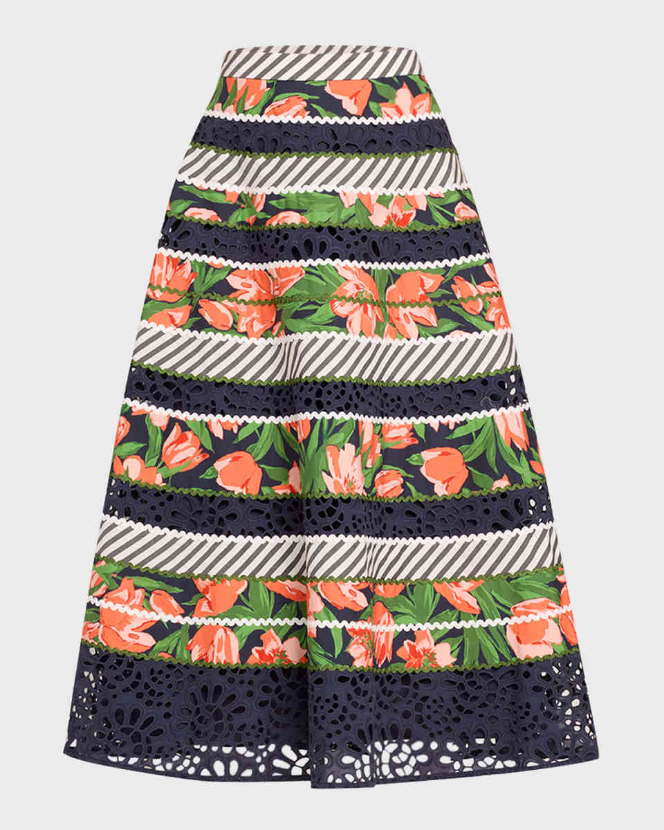 Floral and Striped Circle Skirt with Embroidered Detail