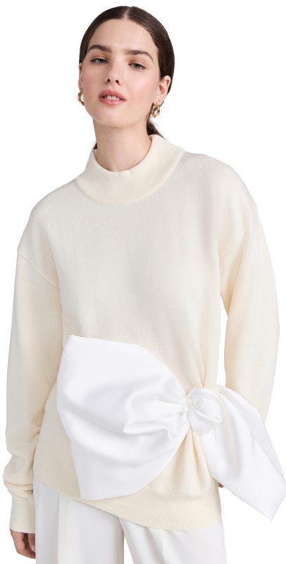 Marques'Almeida Merino Knit Sweater with Satin Bow Off White