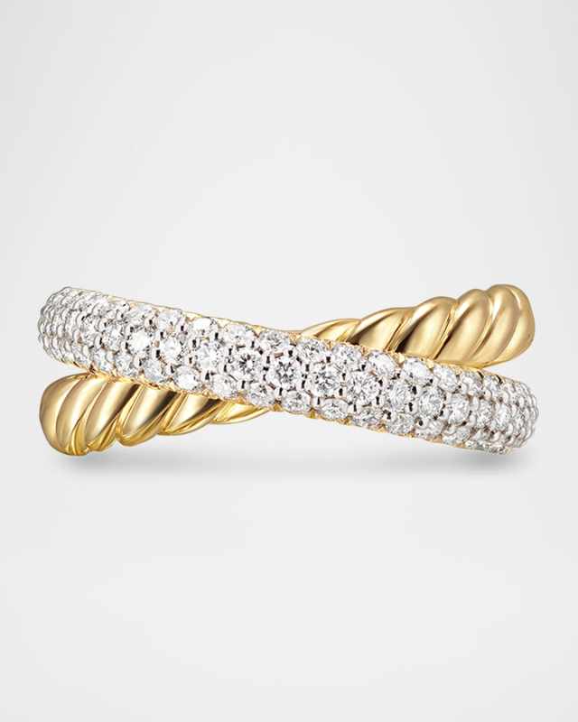 DY Bold Crossover 2-Row Ring in 18K Gold with Diamonds, 7.5mm