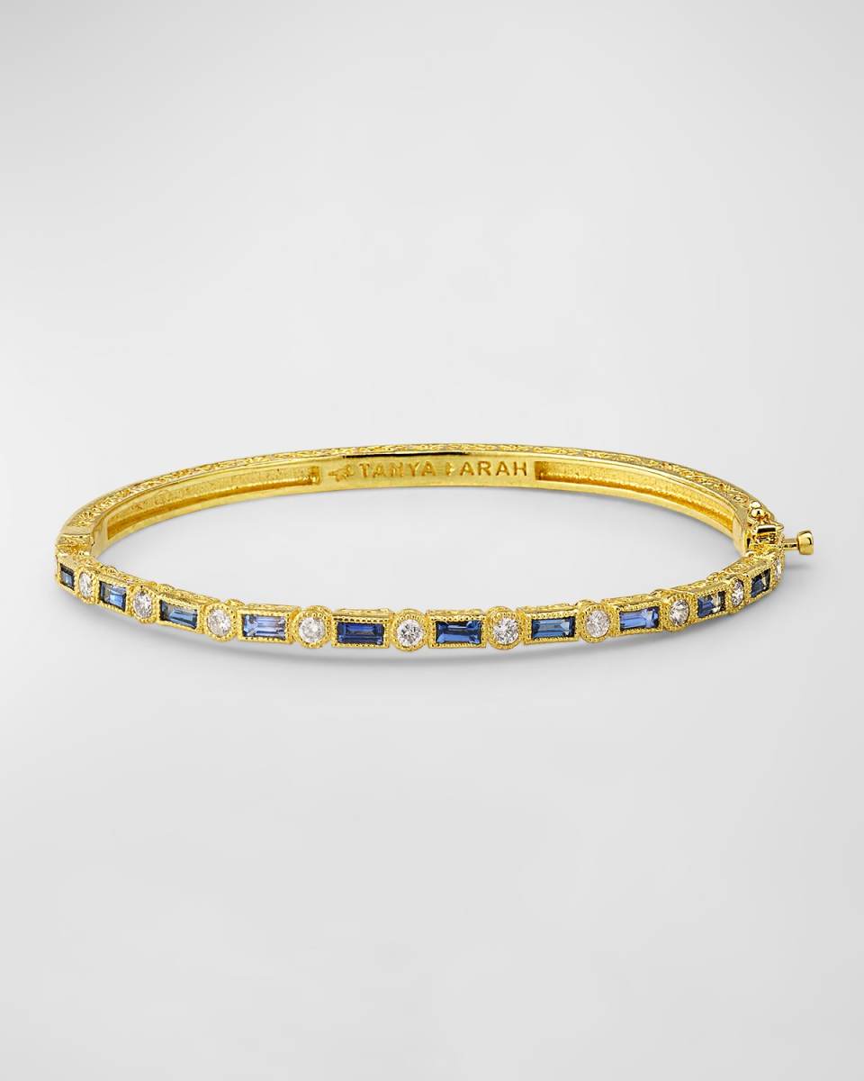 18K Yellow Gold Bangle Bracelet with Blue Sapphires and Diamonds