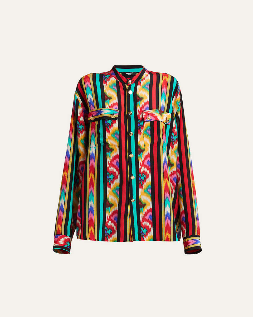 Mixed-Print Button-Down Silk Top