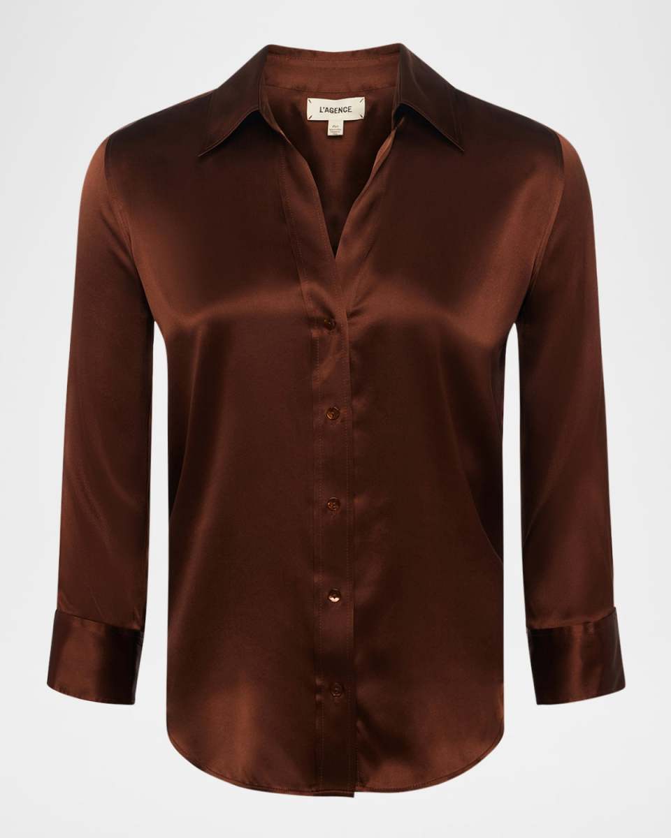 Dani Silk Satin 3/4-Sleeve Button-Down Blous