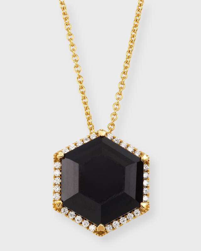Rocks 18K Yellow Gold Hexagon Black Onyx Pendant Necklace with Diamonds, 18"L