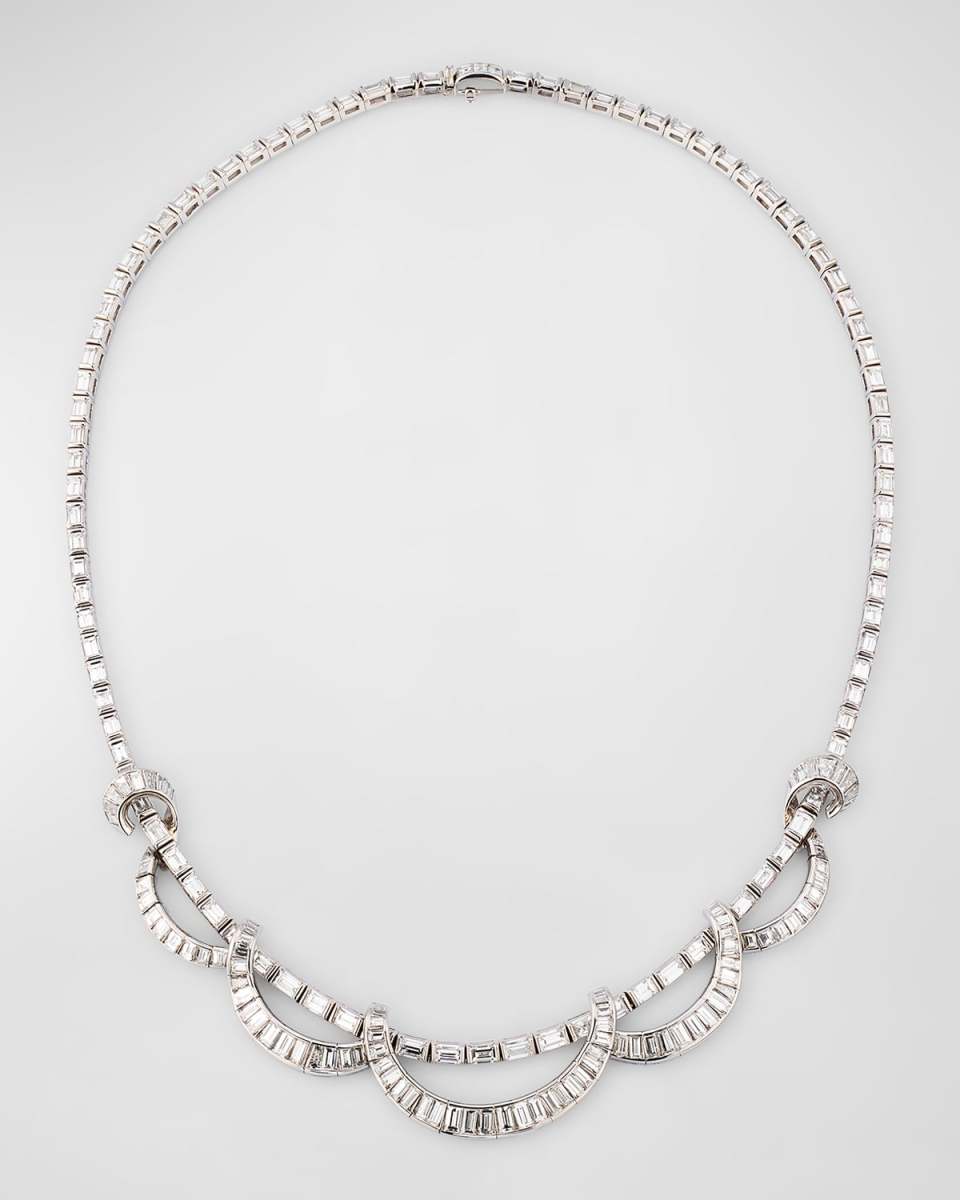 Estate Scalloped Platinum Diamond Baguette Necklace