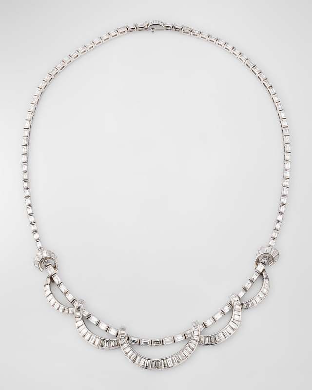 Estate Scalloped Platinum Diamond Baguette Necklace