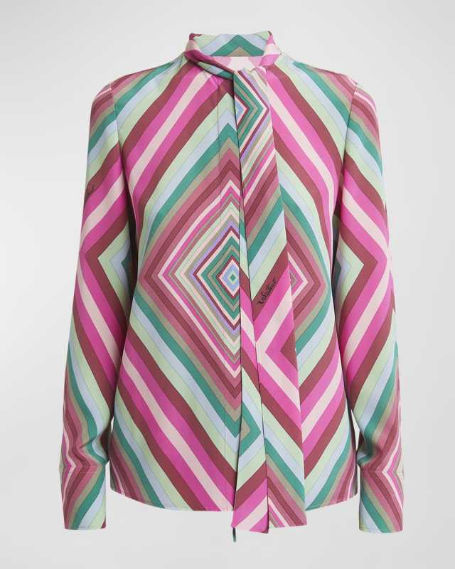 Rhombus-Print Neck-Scarf Crepe De Chine Shirt