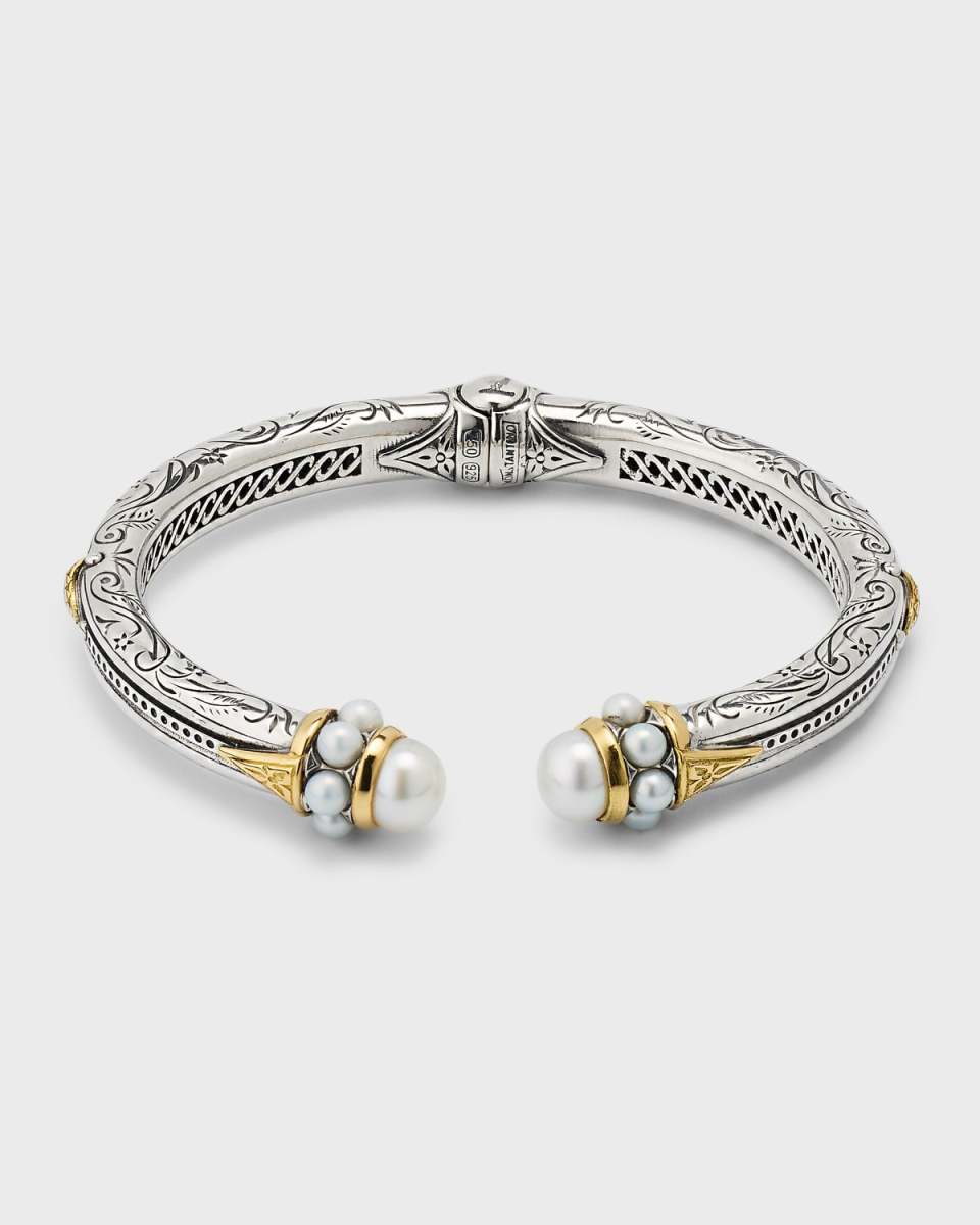 Sterling Silver and 18K Gold Pearl Bangle Bracelet