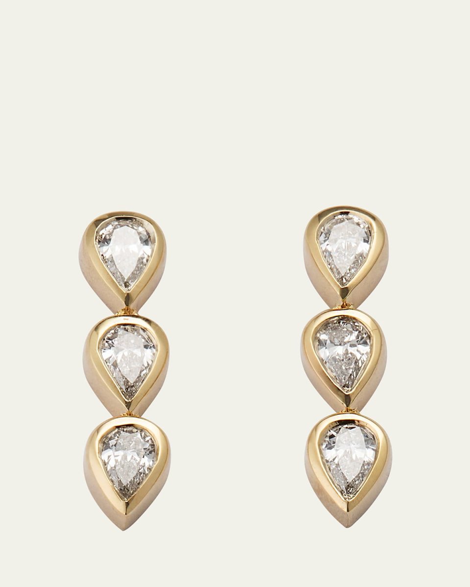 14K Yellow Gold Bezel Set Triple Diamonnd Pear Stud Earrings