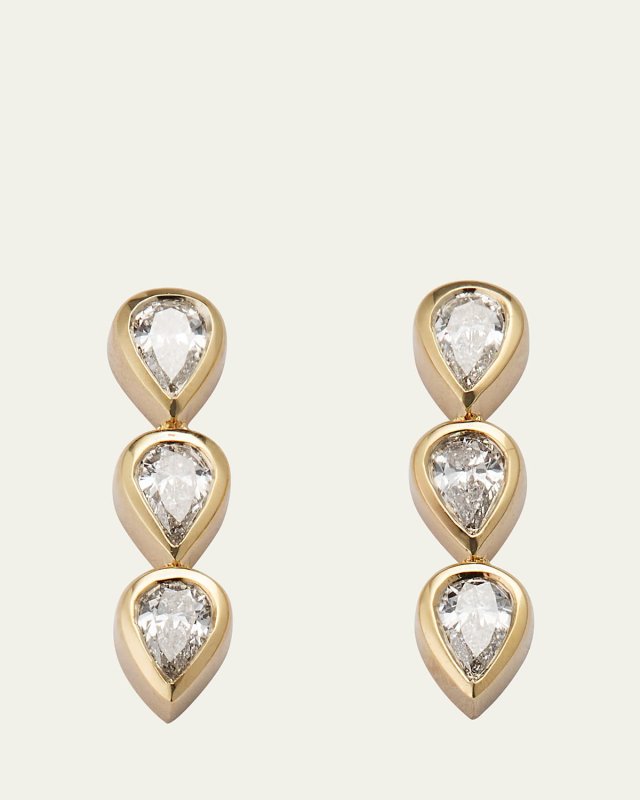 14K Yellow Gold Bezel Set Triple Diamonnd Pear Stud Earrings