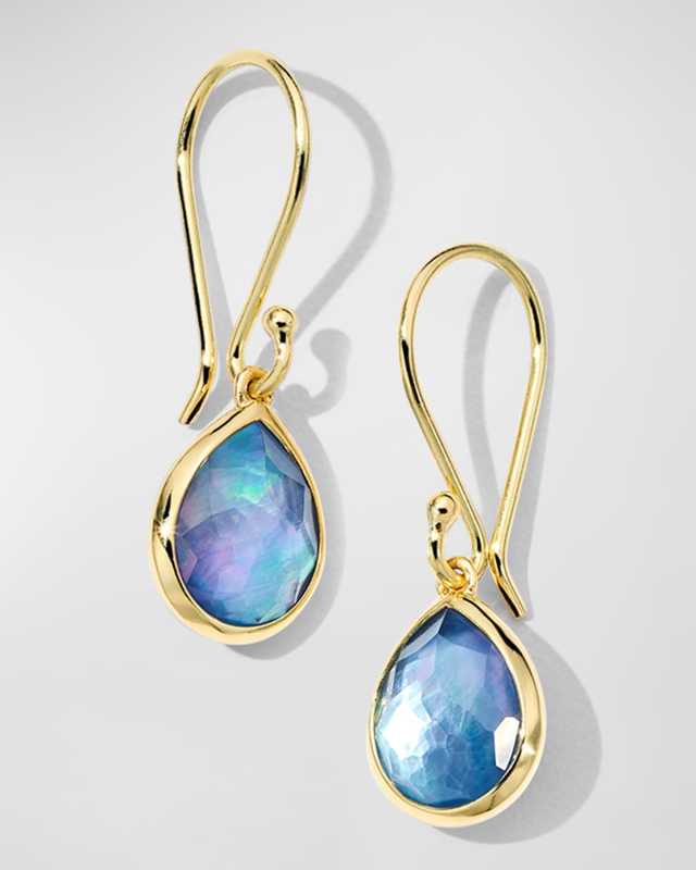 18K Gold Rock Candy Teardrop Earrings in Rock Quartz MOP and Lapis Triplet