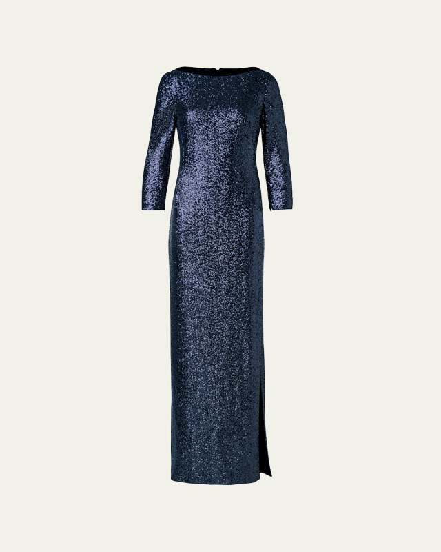 Sequined Column Boat-Neck Gown
