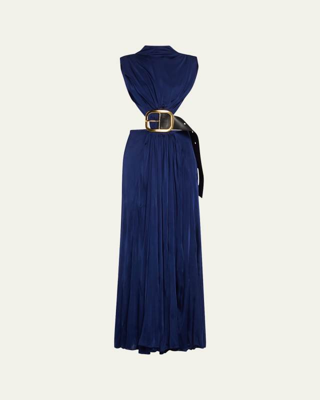 High-neck Cutout Draped Backless Belted Gown