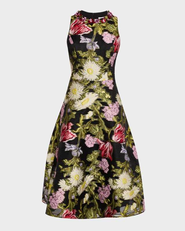 Beaded Floral Jacquard Midi Dress