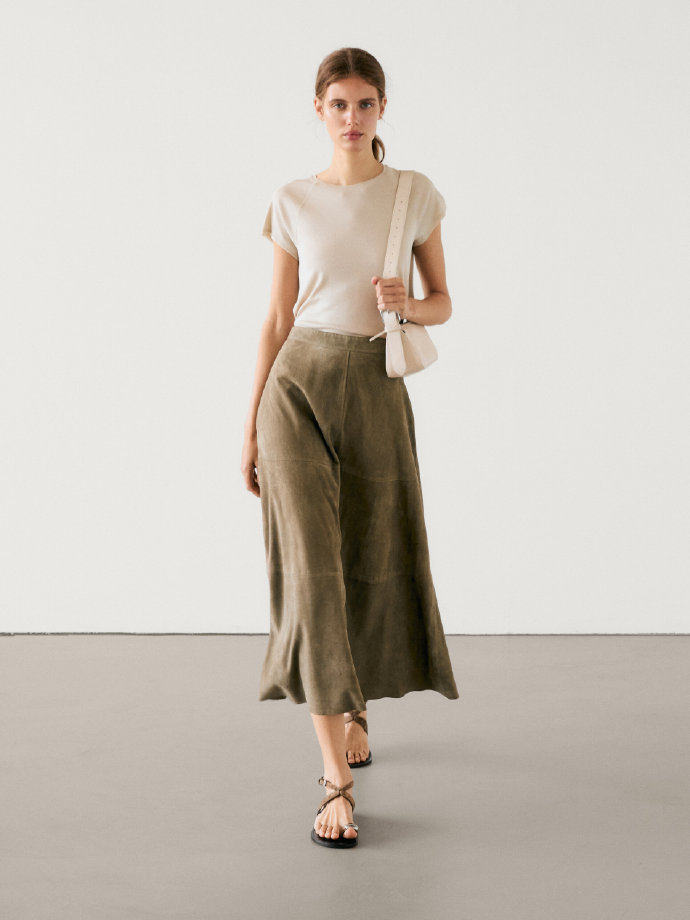 Massimo Dutti Suede leather flared midi skirt