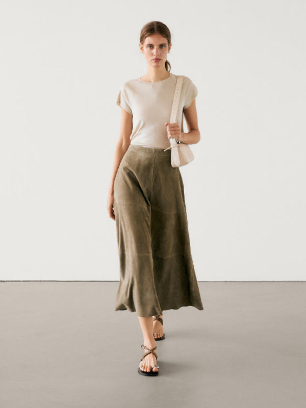 Massimo Dutti Suede leather flared midi skirt