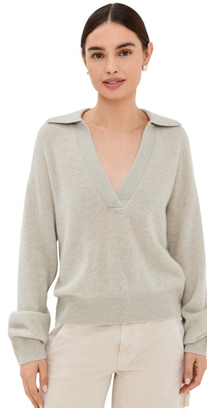 Le Kasha Jackson Brushed Cashmere Open Collar Sweater Pebbl