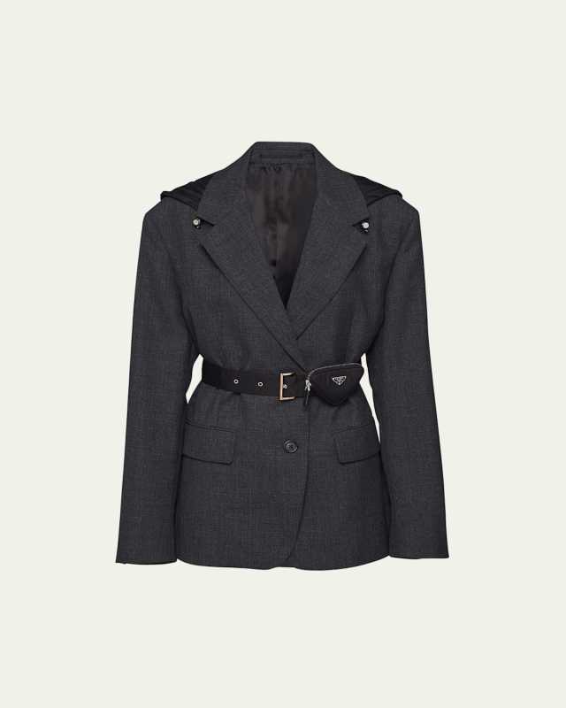 Hooded Gabardine Jacket with Re-Nylon Belt