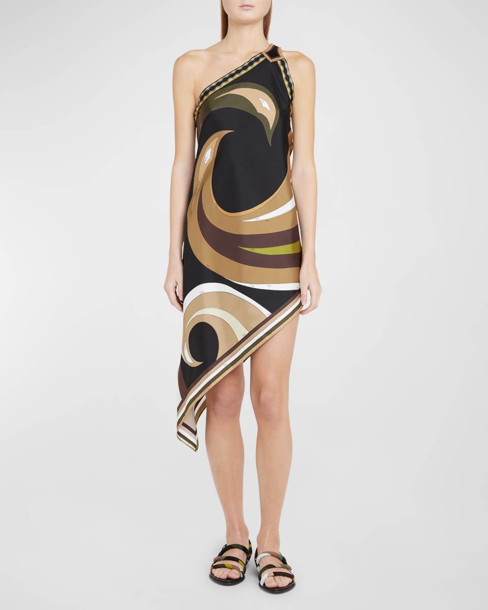 Swirl-Print One-Shoulder Buckle High-Low Scarf Dress