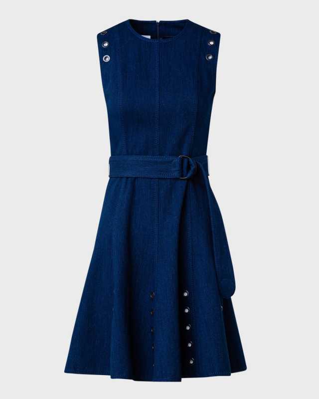 Belted Stretch Denim Short Dress with Eyelet Applications