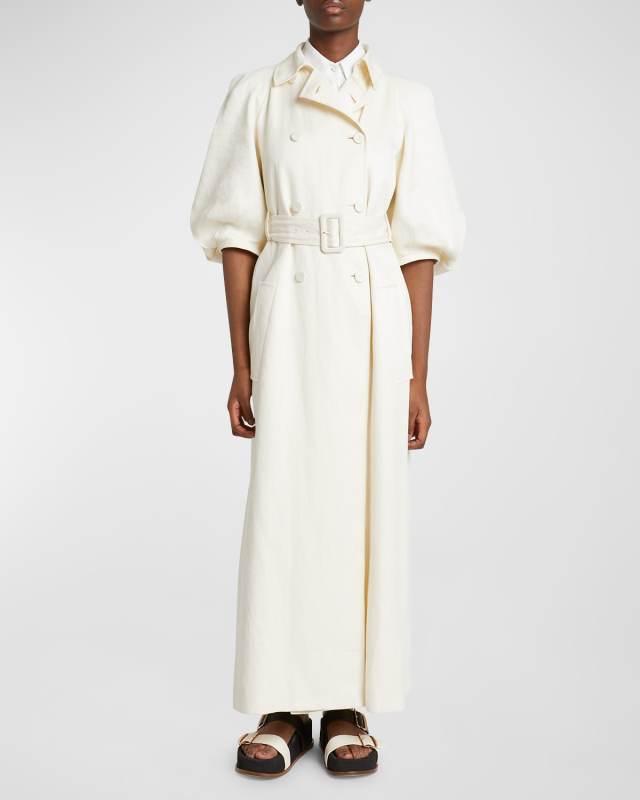 Iona Puff-Sleeve Linen Long Trench Coat