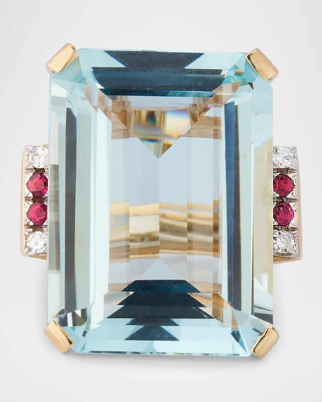 Estate 14K Yellow Gold Aquamarine, Diamond and Ruby Ring, Size 7.5