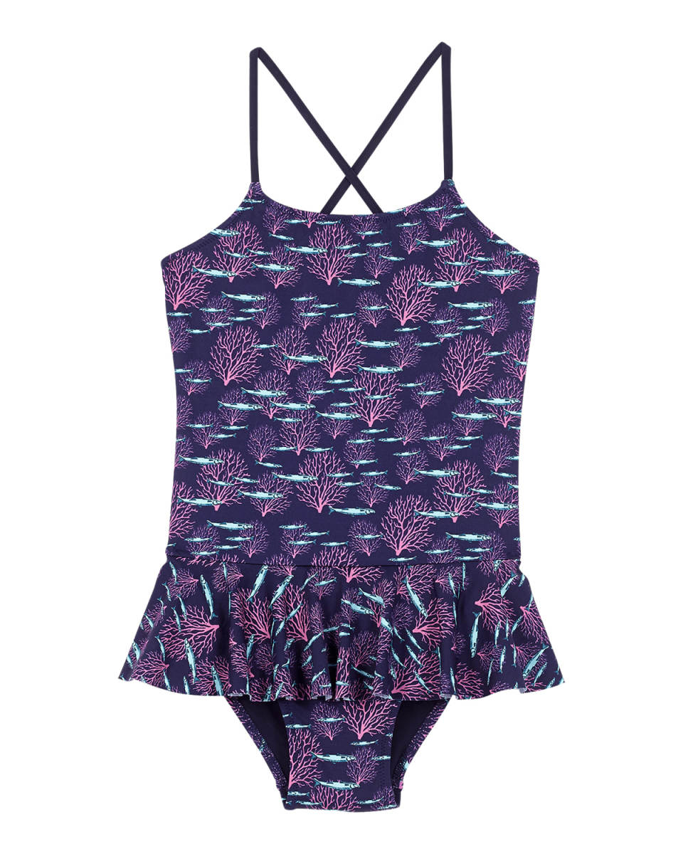 Girl's Grilly Coral Print Skirted One-Piece Swimsuit, Size 2-14
