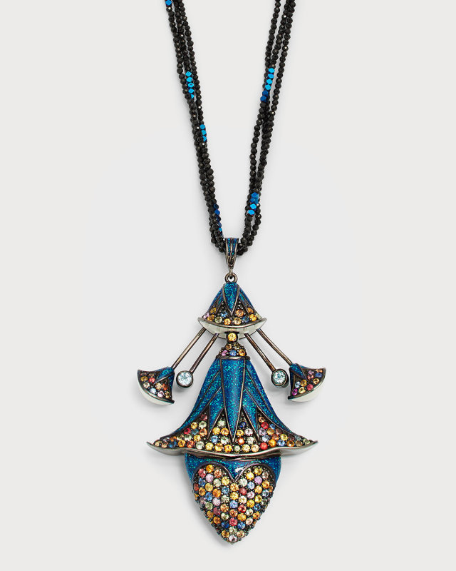 Dark Blue Glitter Enamel, Sapphire and Topaz Necklace