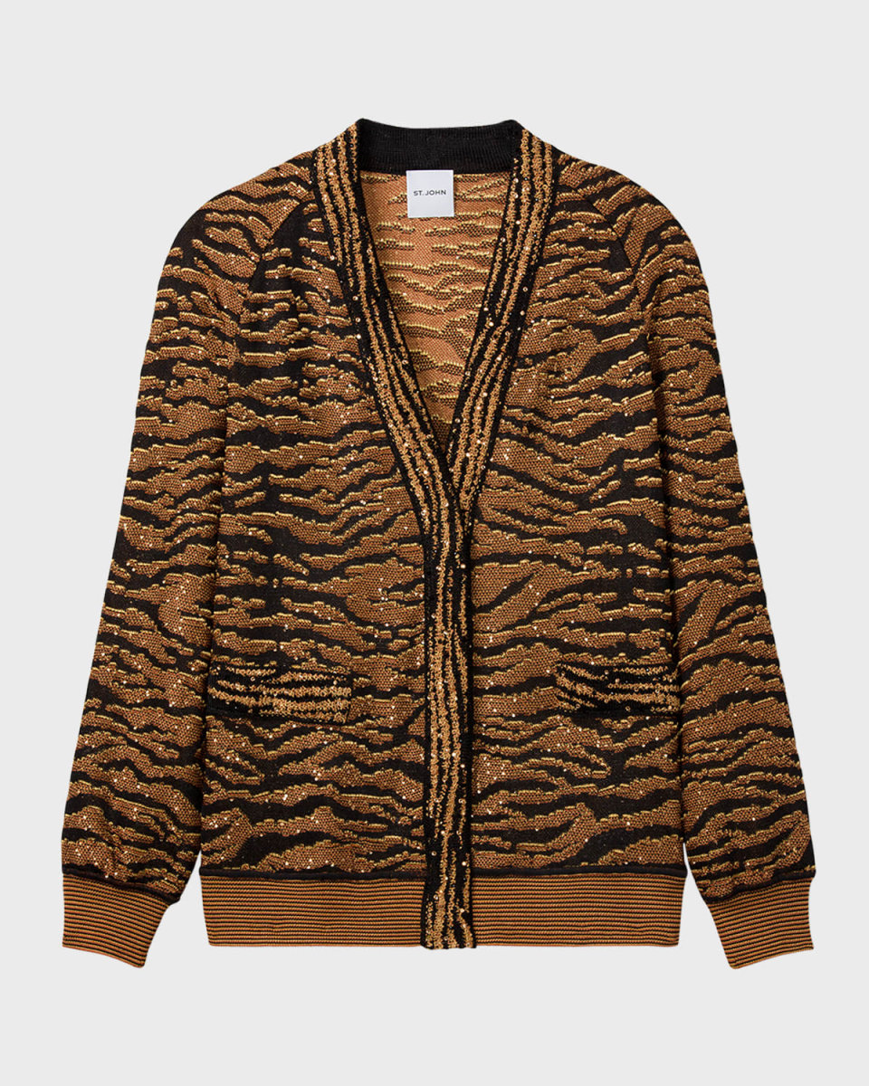 Metallic Tiger Sequin Jacquard Knit V-Neck Cardigan