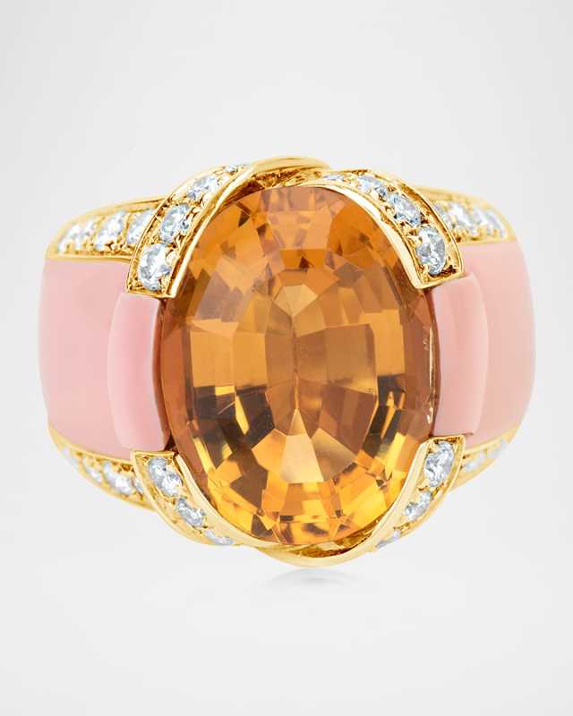18K Yellow Gold Oval Yellow Quartz and Diamond Statement Ring with Coral, Size 6.5