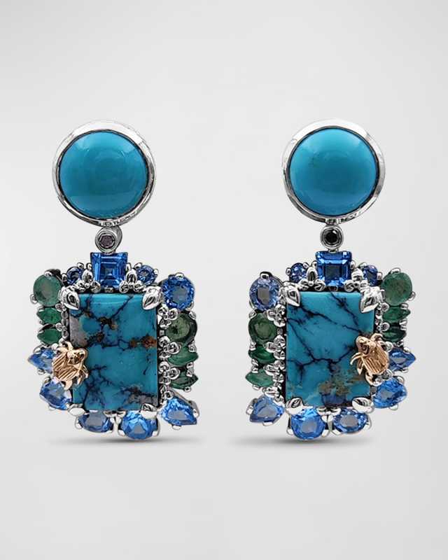 Turquoise, Emerald and Blue Topaz Drop Earrings with Champagne Diamonds