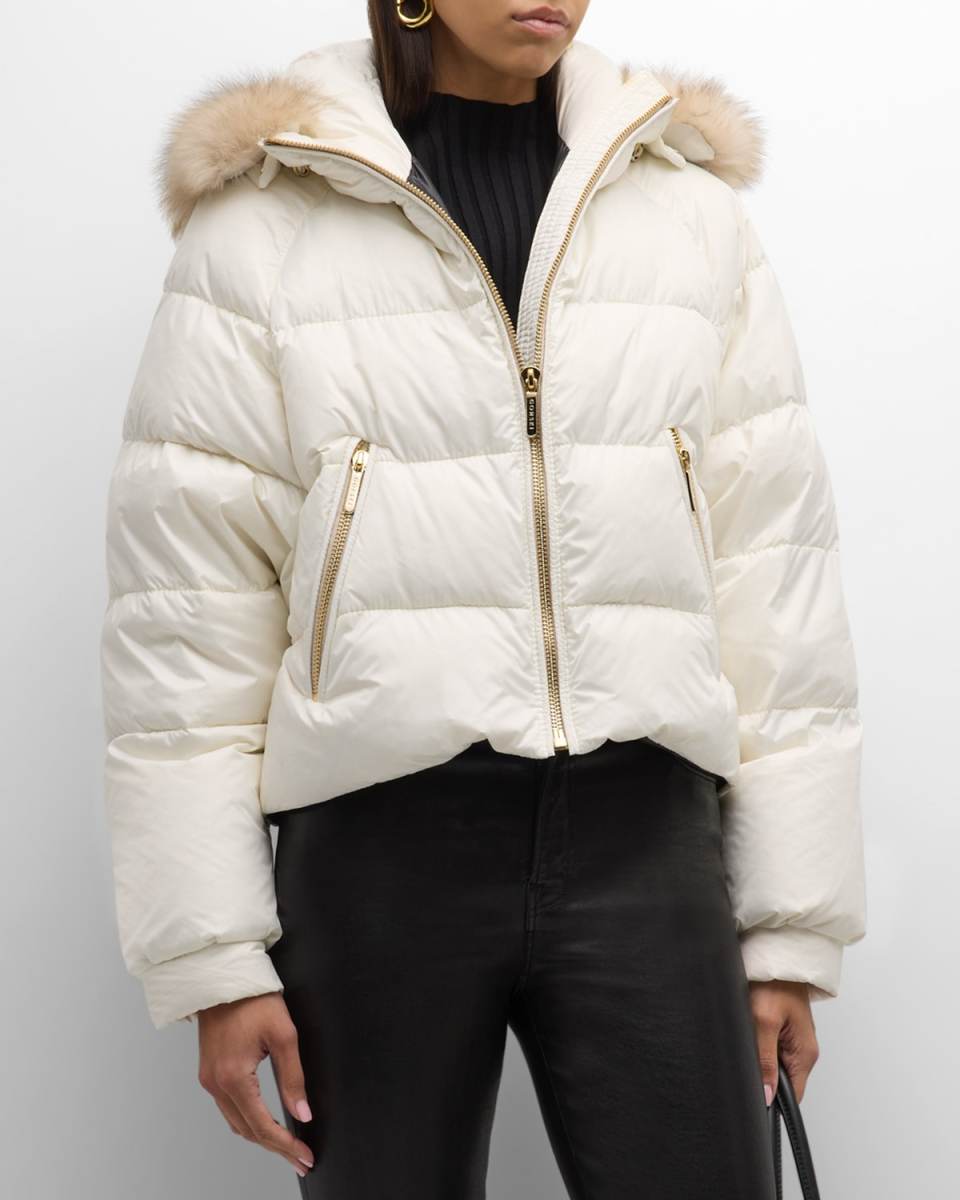 Apres-Ski Crop Puffer Jacket With Detachable Toscana Lamb Shearling Hood Trim