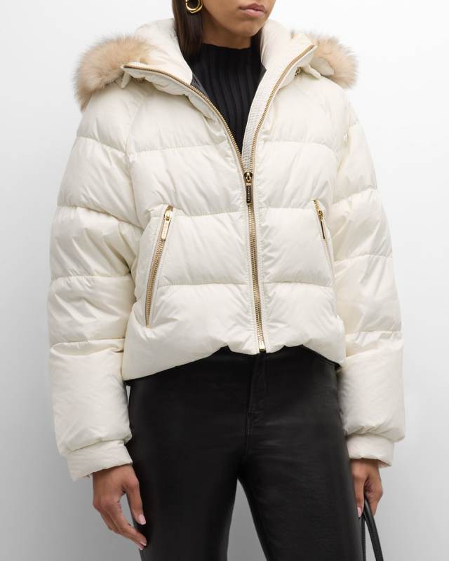 Apres-Ski Crop Puffer Jacket With Detachable Toscana Lamb Shearling Hood Trim