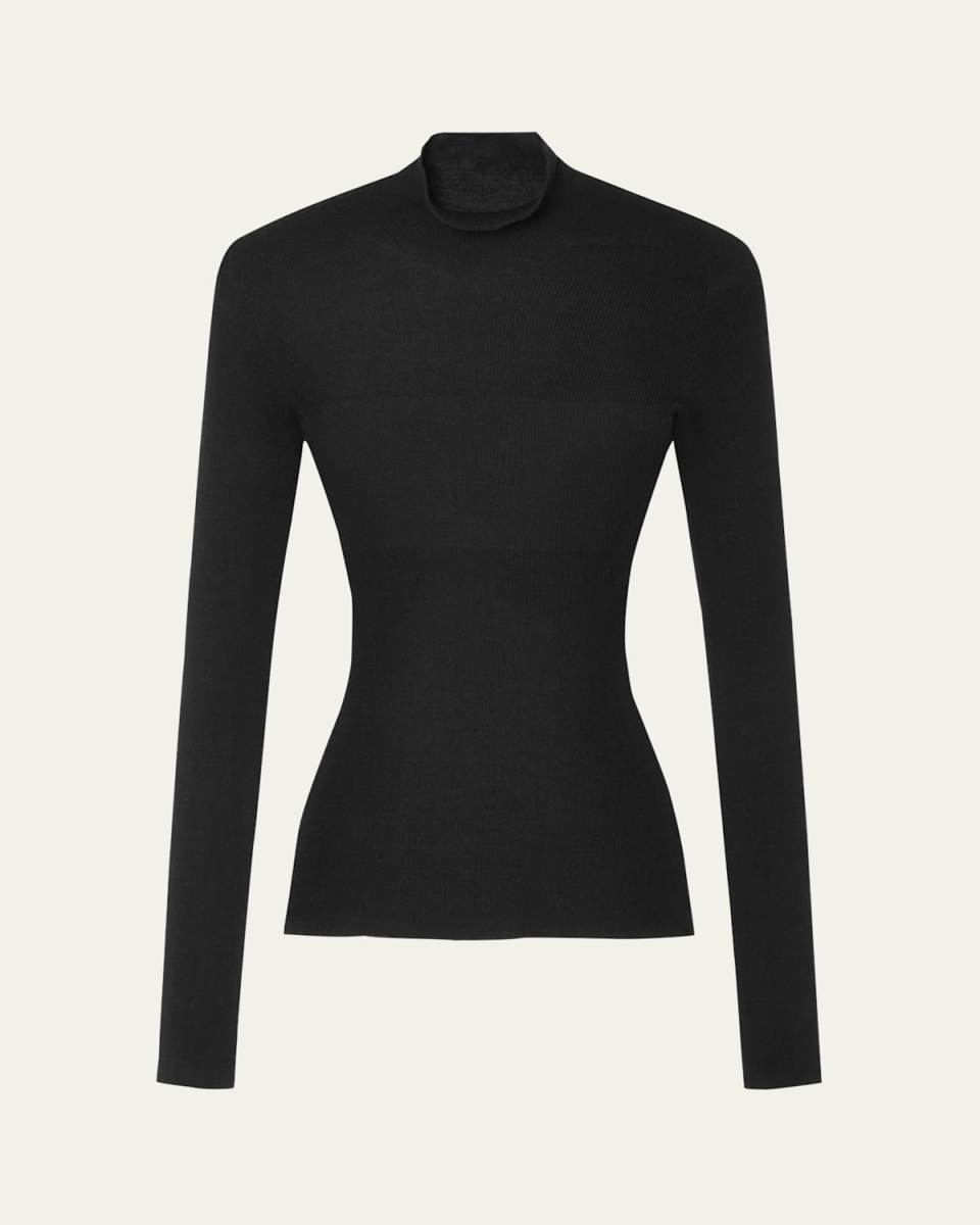 Seamless Ribbed Wool Mock-Neck Sweater