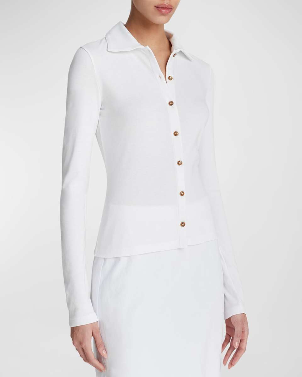 Long-Sleeve Collared Button-Front Top
