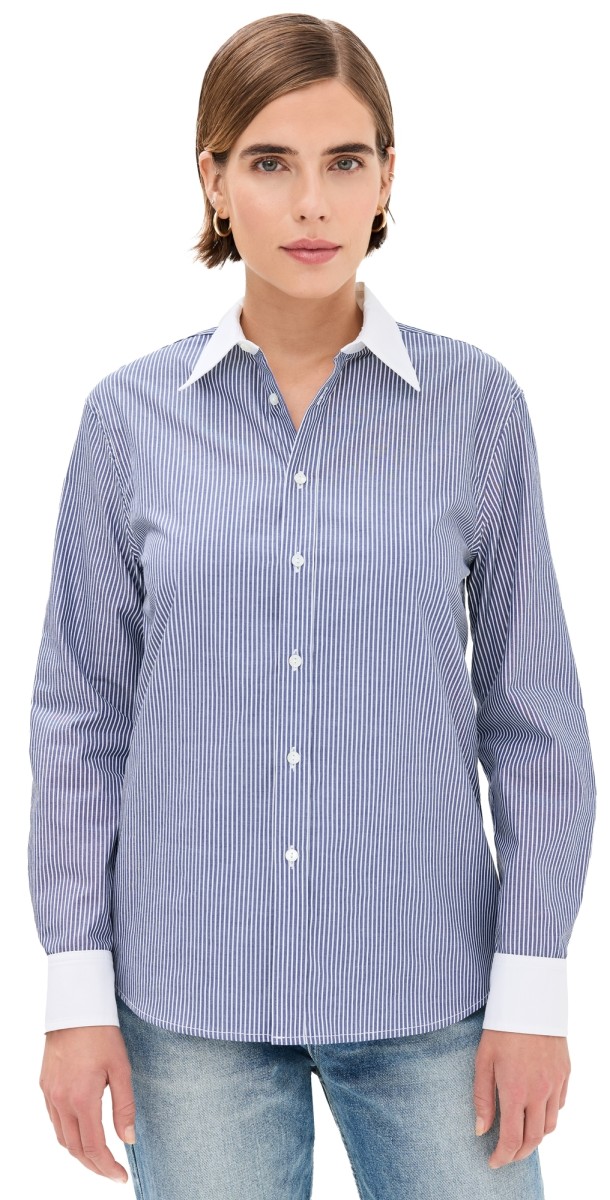 Nili Lotan Raphael with Combo Shirt Navy Stripe w/ White