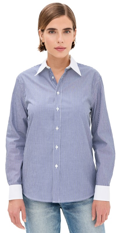 Nili Lotan Raphael with Combo Shirt Navy Stripe w/ White