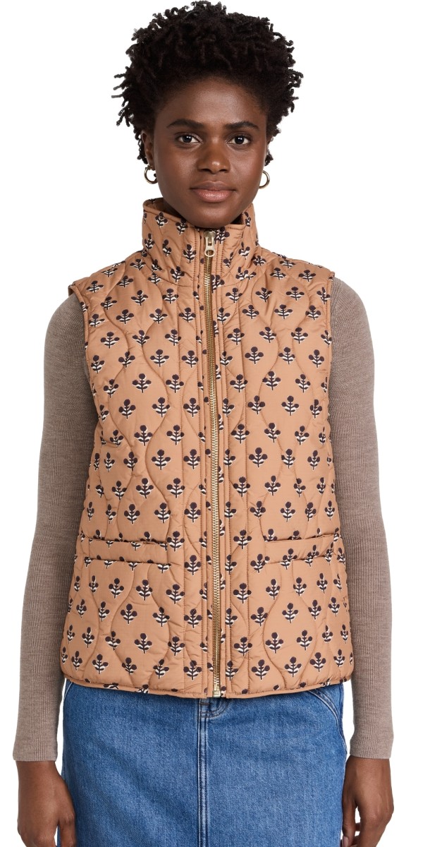 Marea Flower Block Print Quilted Vest Camel Marea Flower