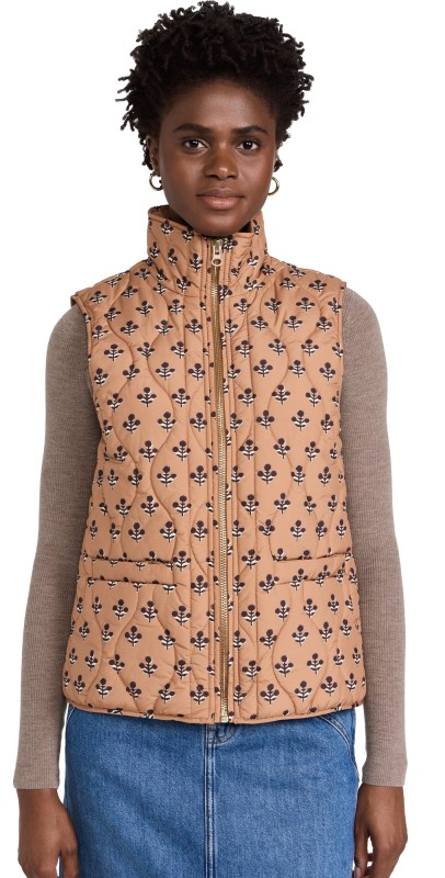 Marea Flower Block Print Quilted Vest Camel Marea Flower