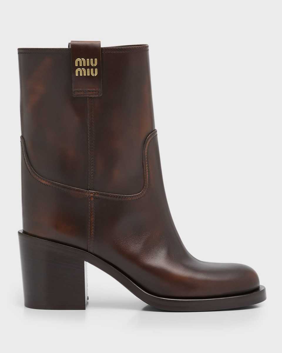 Calfskin Block-Heel Moto Booties