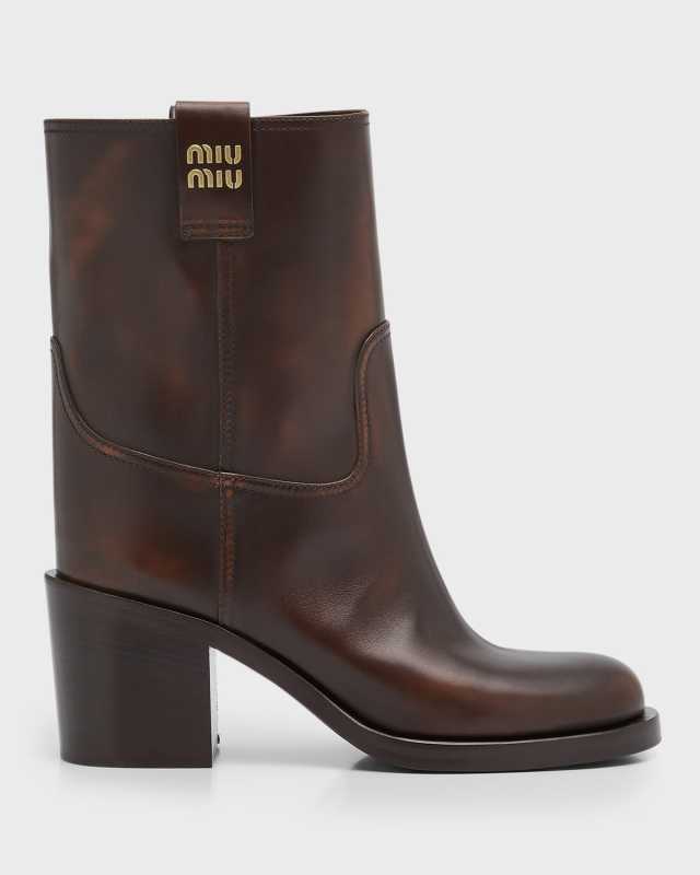 Calfskin Block-Heel Moto Booties