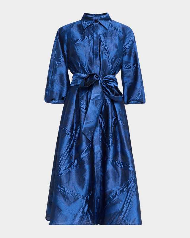 Blouson-Sleeve Jacquard Midi Shirtdress
