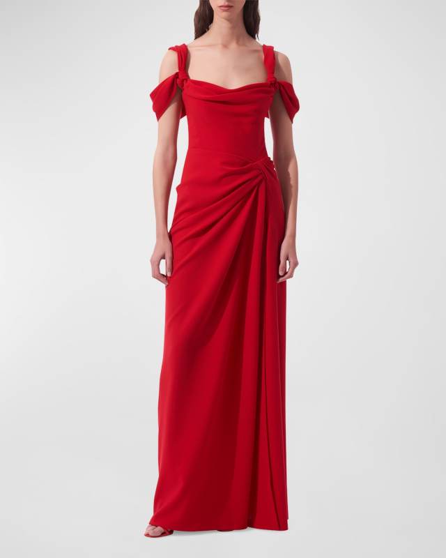 Draped Off-Shoulder Strap Slit Gown