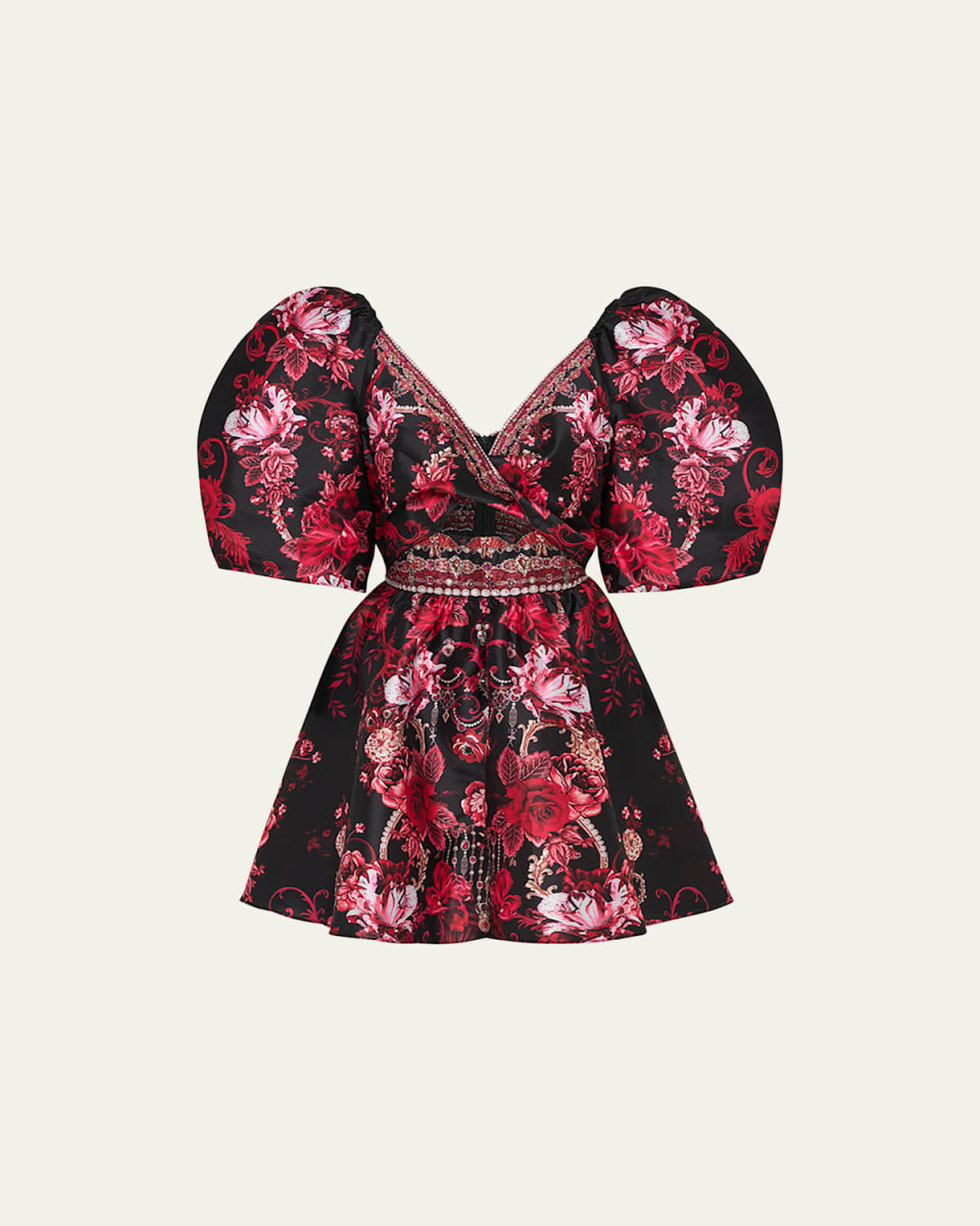 Puff-Sleeve Taffeta Mini Dress