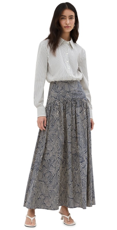 STAUD Rocco Dress Ivory Micro Stripe/Navy Mosaic