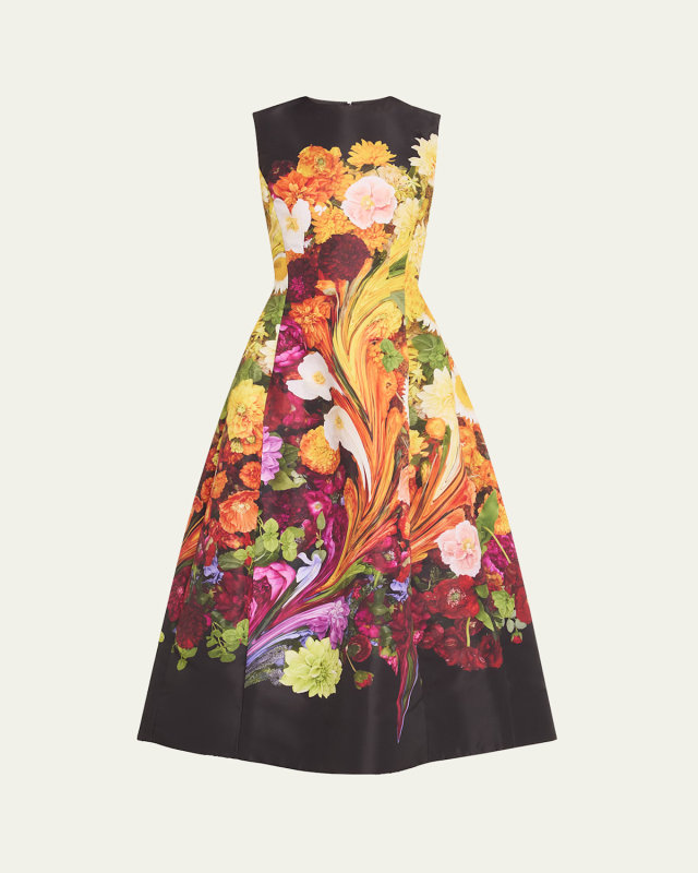 Sleeveless Jewel-Neck Rainbow Flower Marble Faille Midi Dress