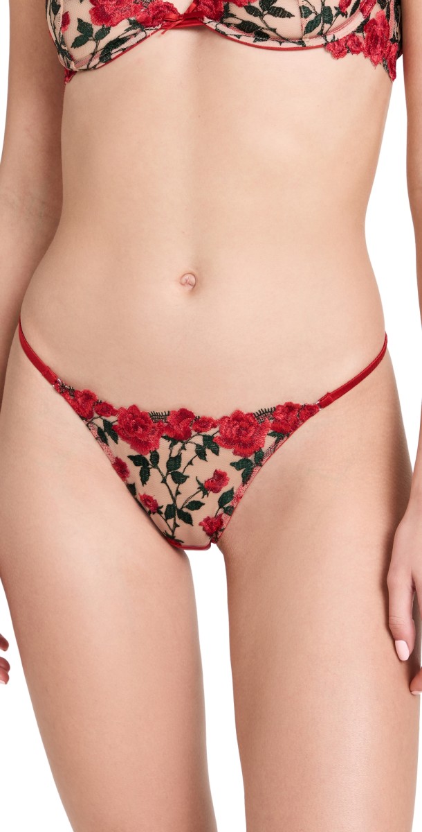 Fleur du Mal Roses and Thorns Embroidery Thong Rouge