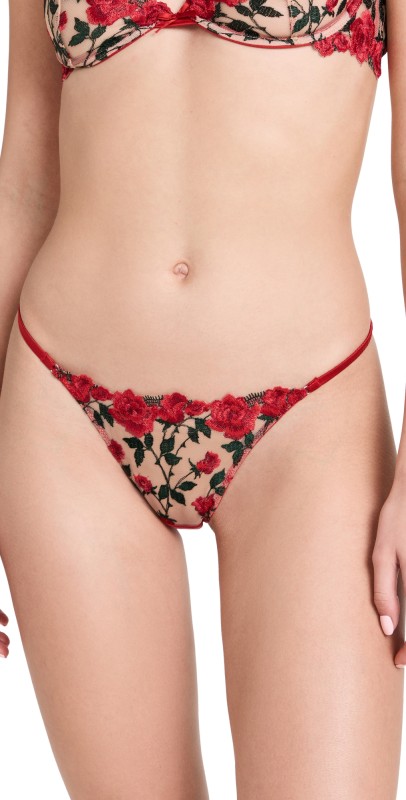 Fleur du Mal Roses and Thorns Embroidery Thong Rouge